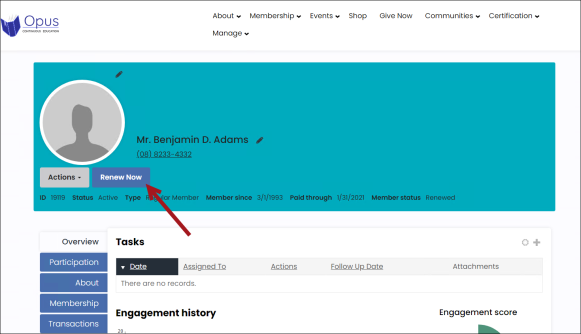 Clicking renew now from membership account page